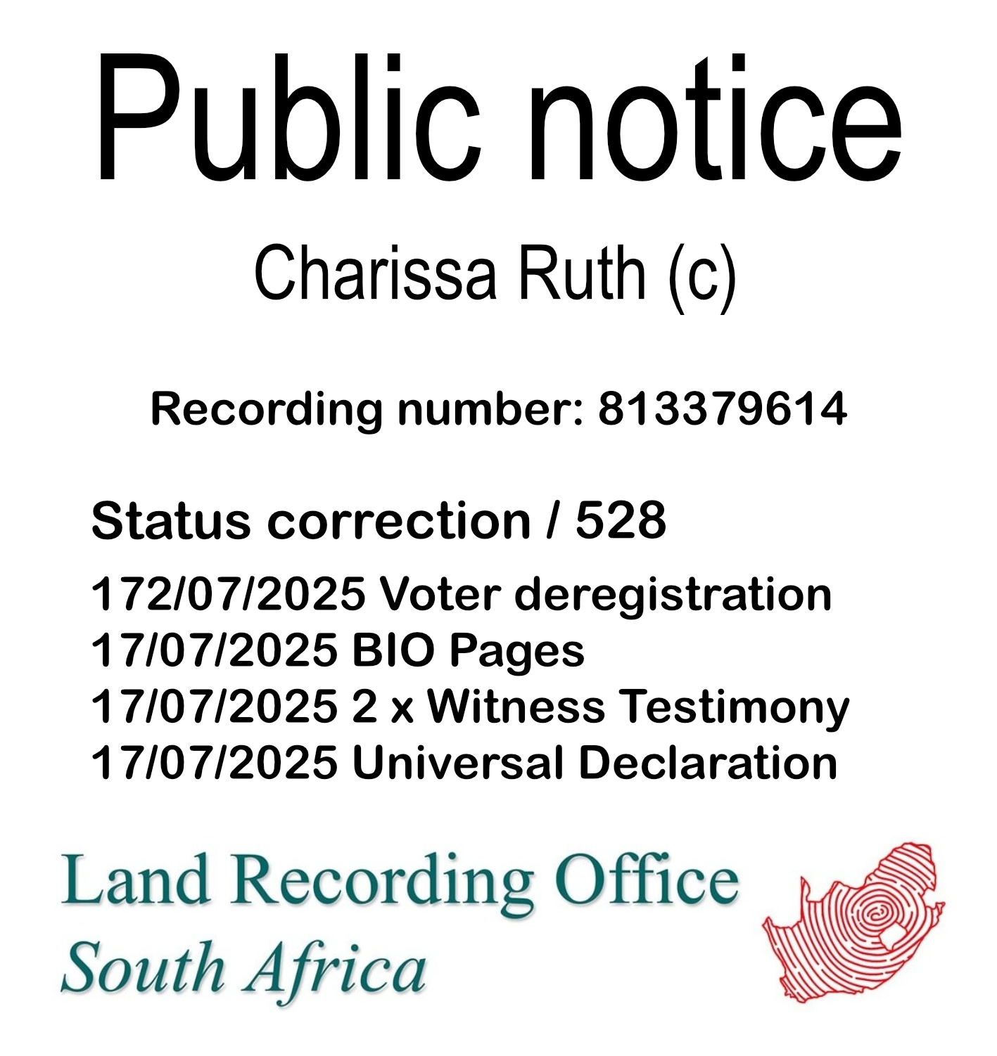 Public notice Charissa Ruth (c) Recording number 813379614